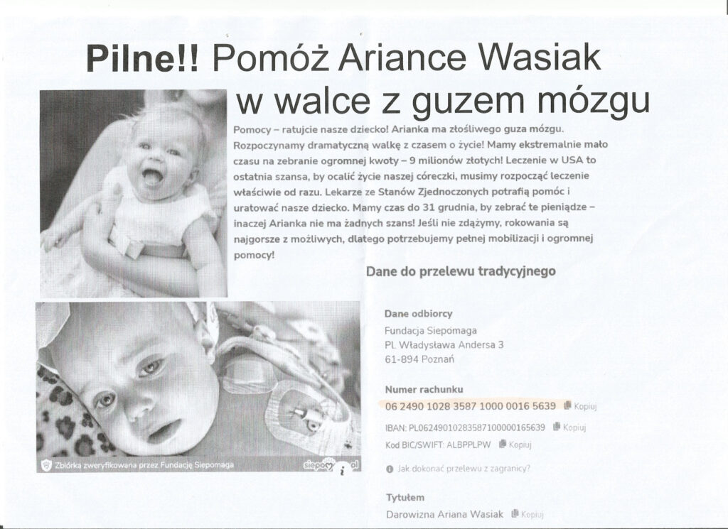 Read more about the article Zbiórka na leczenie małej Arianki TRWA!!!!